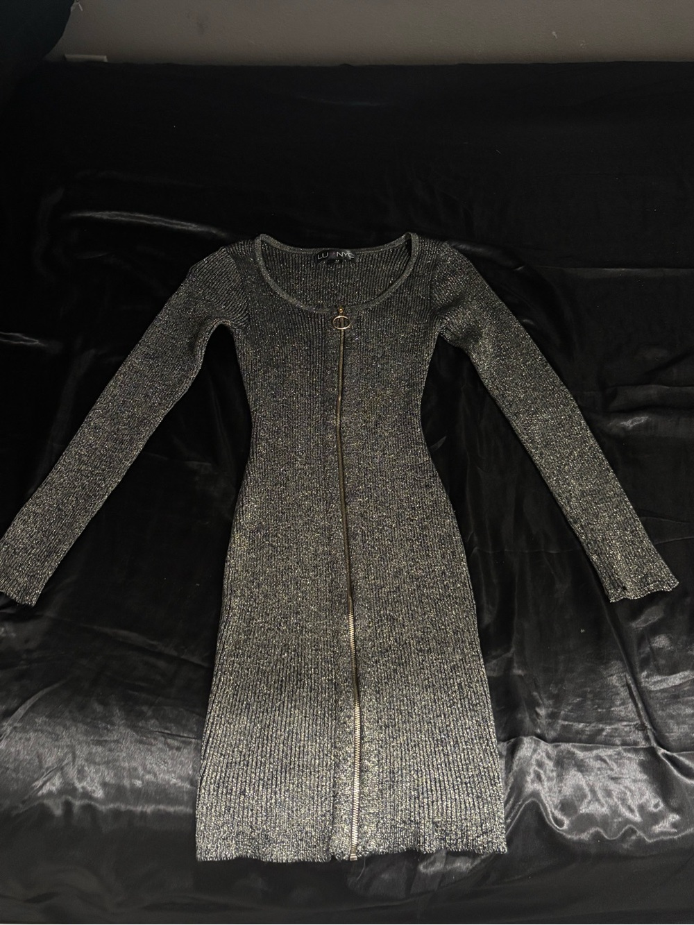 Black Sparkle Ribbed Long Sleeve Zip-Up Mini Dress